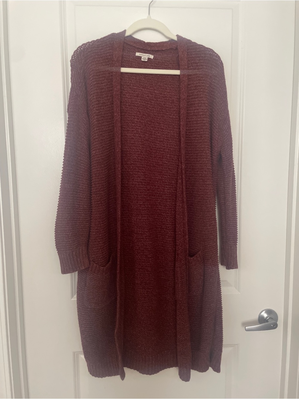 American Eagle Outfitters Long Open-Front Maroon Cardigan
